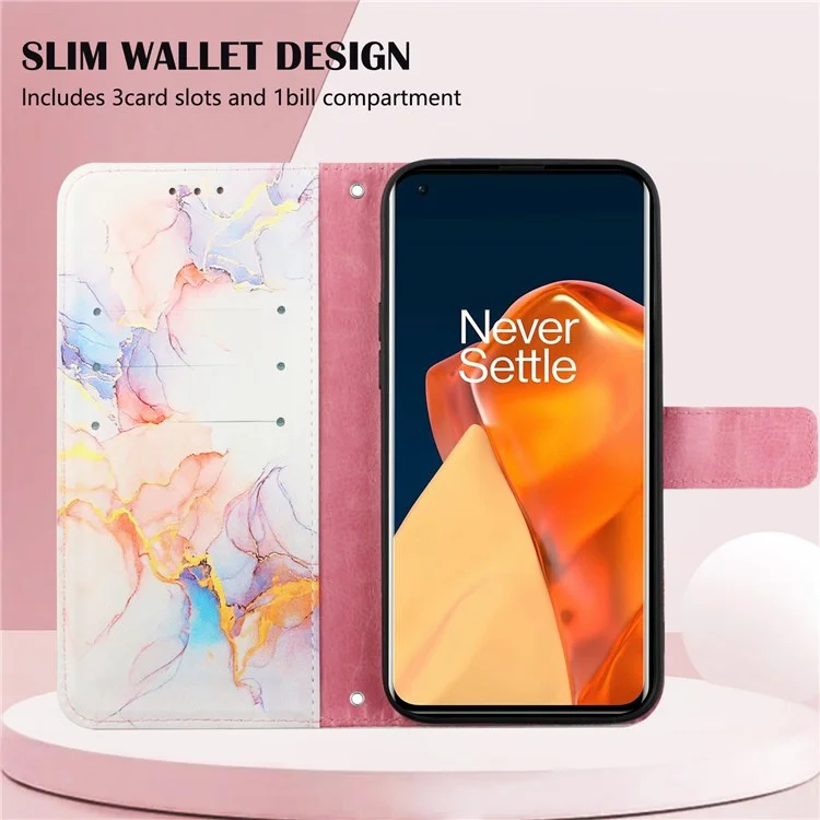 YB Pattern Printing Leather Series-5 for OnePlus Nord N200 5G/Oppo A74 5G, Marble Pattern Leather Wallet Case Adjustable Stand Shell + Strap - Milky Way Marble White LS004