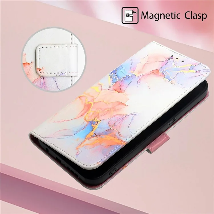 YB Pattern Printing Leather Series-5 for OnePlus Nord N200 5G/Oppo A74 5G, Marble Pattern Leather Wallet Case Adjustable Stand Shell + Strap - Milky Way Marble White LS004