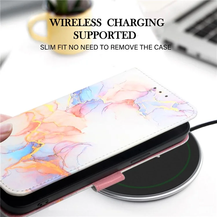 YB Pattern Printing Leather Series-5 for OnePlus Nord N200 5G/Oppo A74 5G, Marble Pattern Leather Wallet Case Adjustable Stand Shell + Strap - Milky Way Marble White LS004