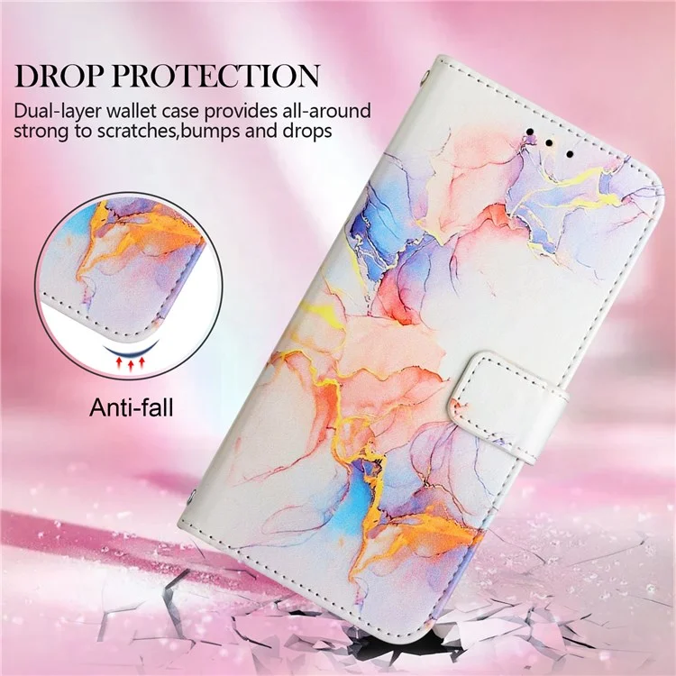 YB Pattern Printing Leather Series-5 for OnePlus Nord N200 5G/Oppo A74 5G, Marble Pattern Leather Wallet Case Adjustable Stand Shell + Strap - Milky Way Marble White LS004
