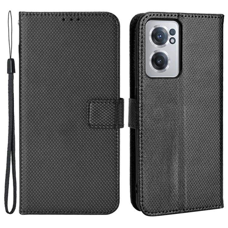 For OnePlus Nord CE 2 5G Stylish Diamond Texture Leather Phone Case Magnetic Folio Flip Wallet Stand Cover with Strap - Black