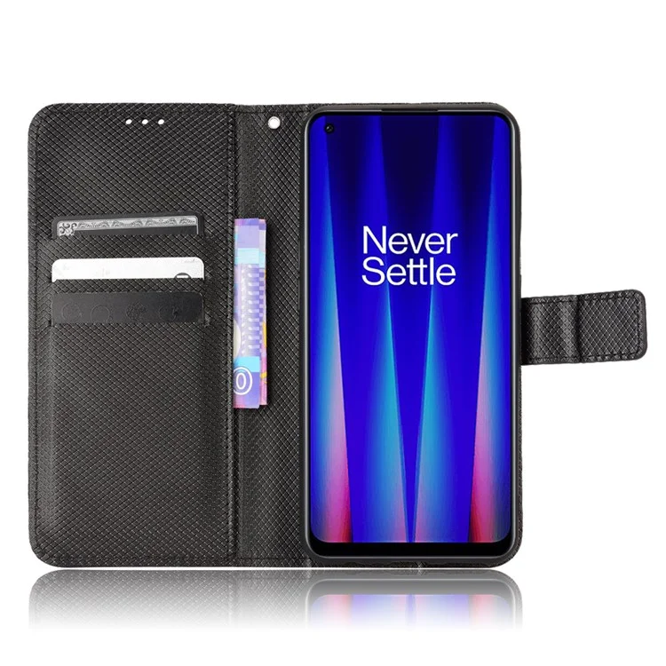 For OnePlus Nord CE 2 5G Stylish Diamond Texture Leather Phone Case Magnetic Folio Flip Wallet Stand Cover with Strap - Black