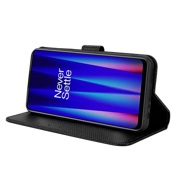 For OnePlus Nord CE 2 5G Stylish Diamond Texture Leather Phone Case Magnetic Folio Flip Wallet Stand Cover with Strap - Black