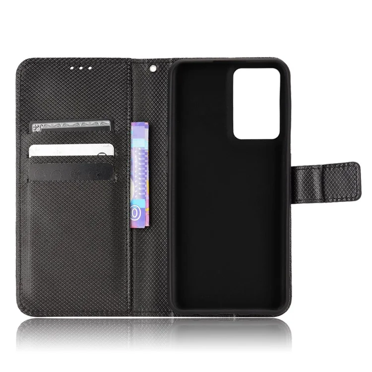 For OnePlus Nord CE 2 5G Stylish Diamond Texture Leather Phone Case Magnetic Folio Flip Wallet Stand Cover with Strap - Black
