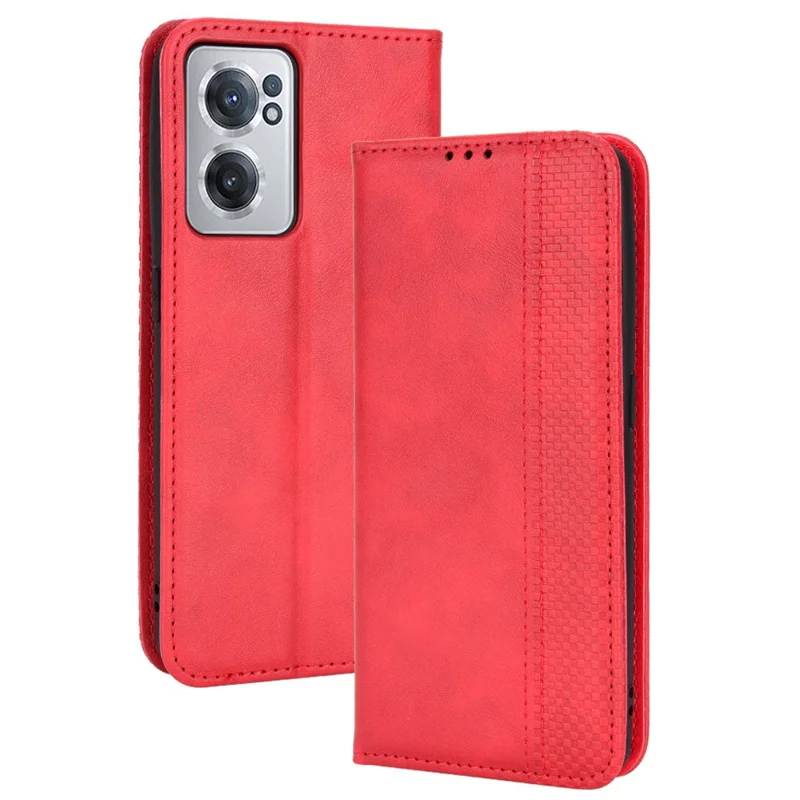 For OnePlus Nord CE 2 5G Retro PU Leather Flip Case Mosaic Imprinted Magnetic Absorption Shockproof Protective Cover with Stand Function - Red