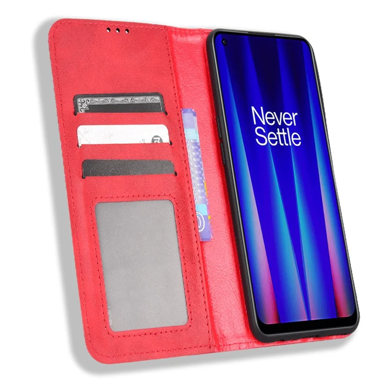 For OnePlus Nord CE 2 5G Retro PU Leather Flip Case Mosaic Imprinted Magnetic Absorption Shockproof Protective Cover with Stand Function - Red