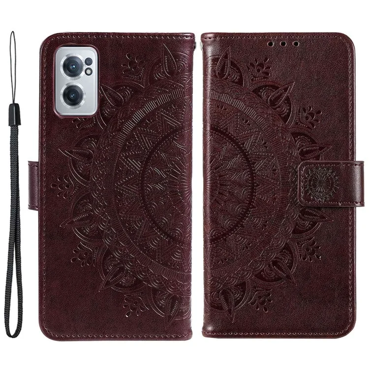 For OnePlus Nord CE 2 5G Shockproof Wallet Stand Design Imprinted Mandala Flower PU Leather Phone Flip Cover Phone Case - Brown