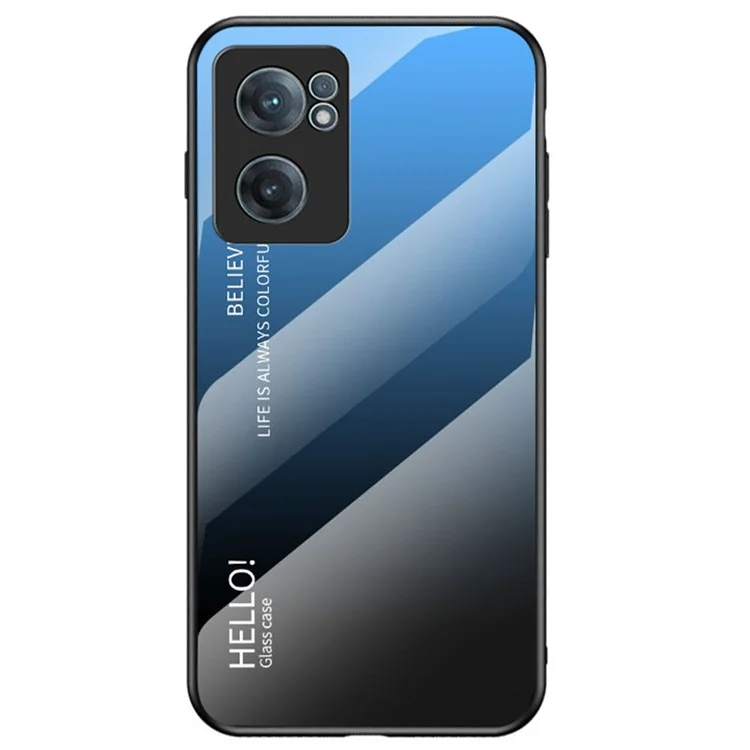 Color Gradient Tempered Glass Back Case for OnePlus Nord CE 2 5G, Skin-Friendly Touch Patterned Anti-Explosion Cell Phone Cover - Blue/Black