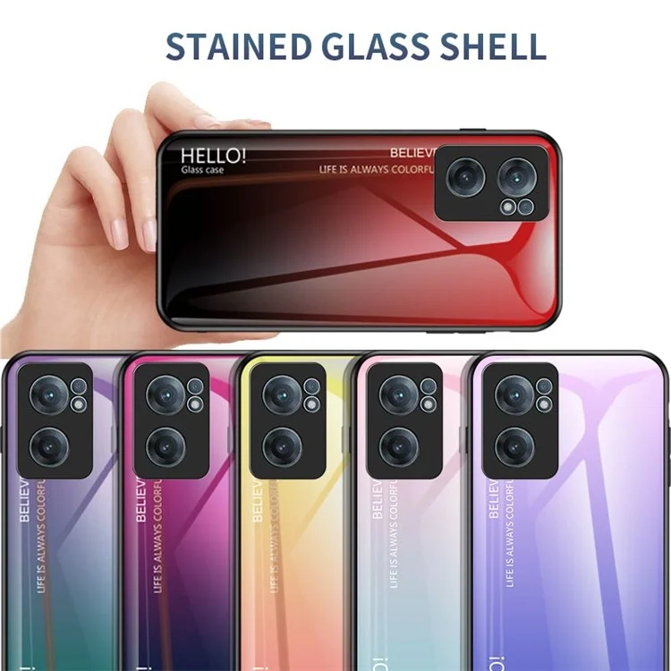 Color Gradient Tempered Glass Back Case for OnePlus Nord CE 2 5G, Skin-Friendly Touch Patterned Anti-Explosion Cell Phone Cover - Blue/Black