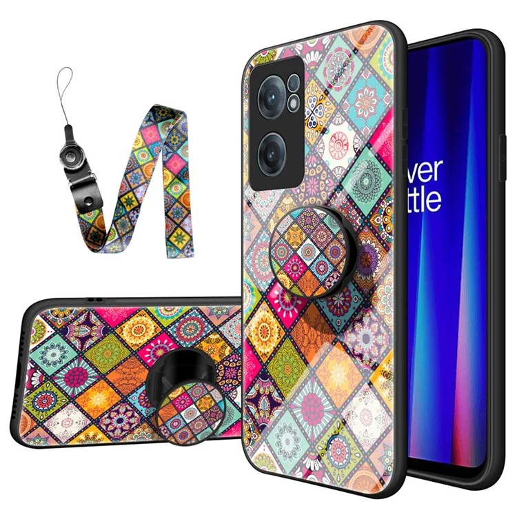 Patterned Glass Hybrid Case for OnePlus Nord CE 2 5G, Drop Protection Built-in Metal Sheet Phone Protector + Lanyard - Color Pattern