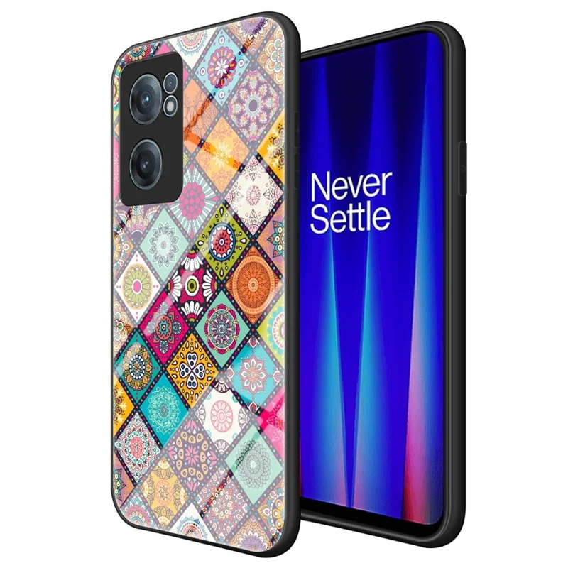 Patterned Glass Hybrid Case for OnePlus Nord CE 2 5G, Drop Protection Built-in Metal Sheet Phone Protector + Lanyard - Checkered Pattern