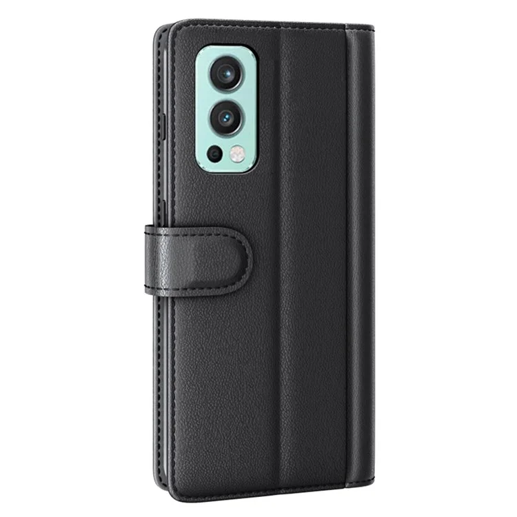 For OnePlus Nord 2 5G Split Leather Genuine Leather Shockproof Wallet Case Mobile Phone Stand Cover - Black