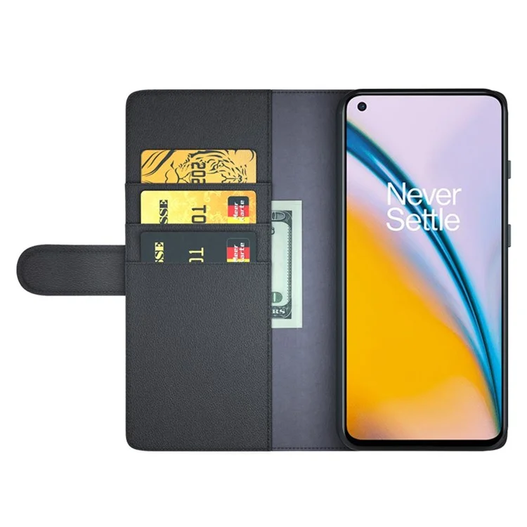 For OnePlus Nord 2 5G Split Leather Genuine Leather Shockproof Wallet Case Mobile Phone Stand Cover - Black