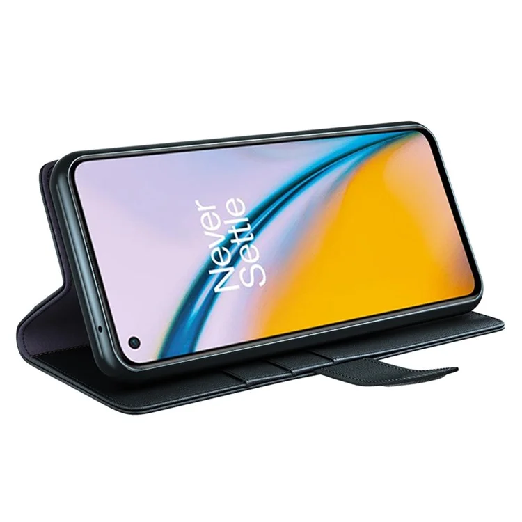 For OnePlus Nord 2 5G Split Leather Genuine Leather Shockproof Wallet Case Mobile Phone Stand Cover - Black