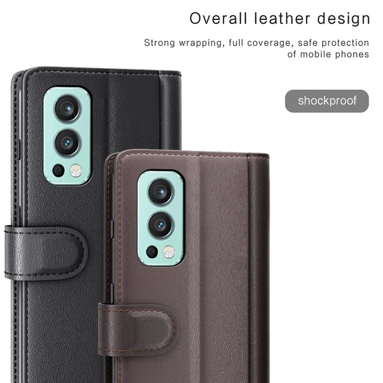 For OnePlus Nord 2 5G Split Leather Genuine Leather Shockproof Wallet Case Mobile Phone Stand Cover - Black