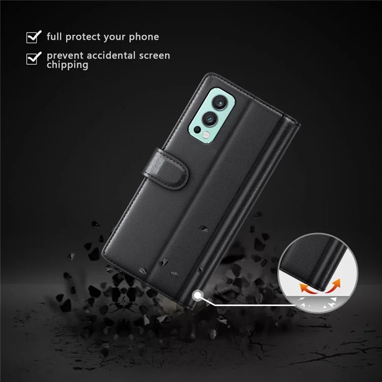 For OnePlus Nord 2 5G Split Leather Genuine Leather Shockproof Wallet Case Mobile Phone Stand Cover - Black