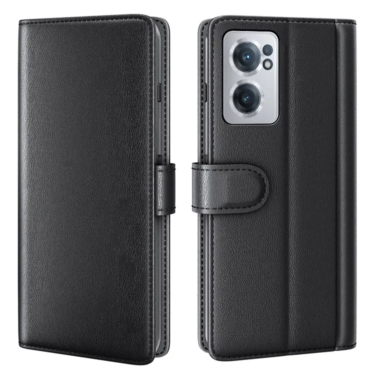 Para OnePlus Nord CE 2 5G, capa de carteira à prova de queda, em couro genuíno, tipo folio com suporte - Preto