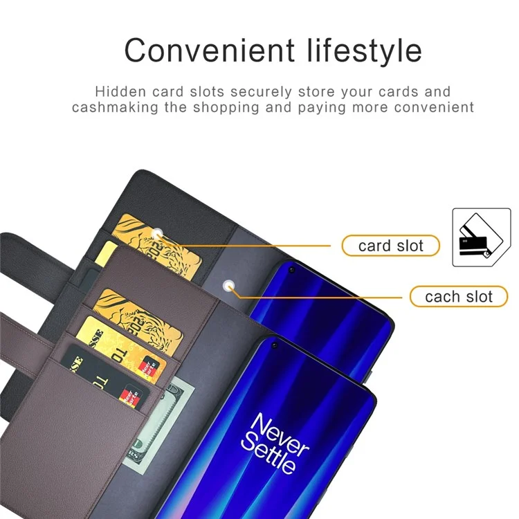 Para OnePlus Nord CE 2 5G, capa de carteira à prova de queda, em couro genuíno, tipo folio com suporte - Preto