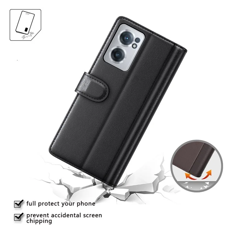 Para OnePlus Nord CE 2 5G, capa de carteira à prova de queda, em couro genuíno, tipo folio com suporte - Preto
