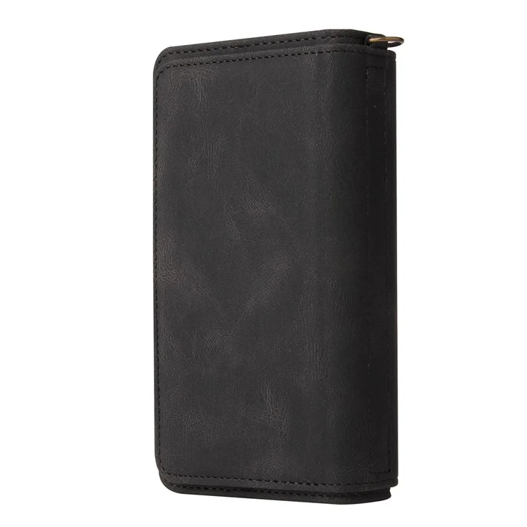 For OnePlus Nord CE 2 5G Zipper Wallet Case with 15 Card Slots and Strap Leather Phone Cover - Black