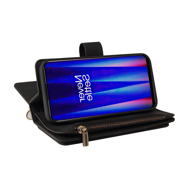 For OnePlus Nord CE 2 5G Zipper Wallet Case with 15 Card Slots and Strap Leather Phone Cover - Black