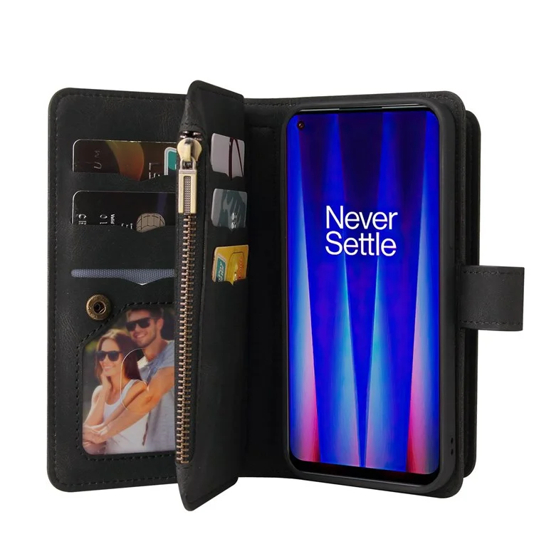 For OnePlus Nord CE 2 5G Zipper Wallet Case with 15 Card Slots and Strap Leather Phone Cover - Black