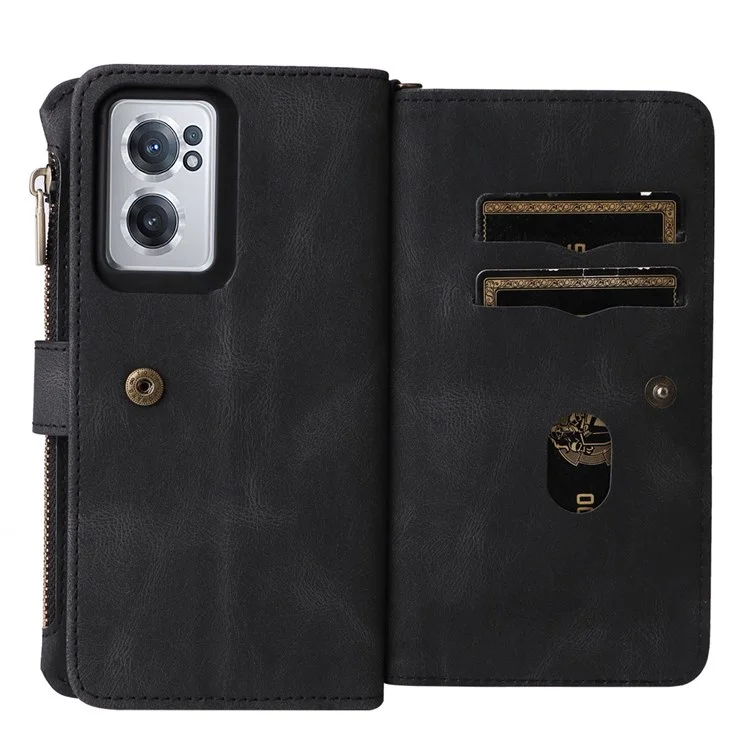 For OnePlus Nord CE 2 5G Zipper Wallet Case with 15 Card Slots and Strap Leather Phone Cover - Black