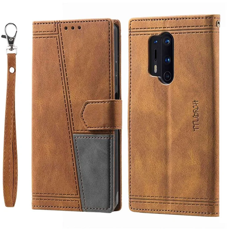 TTUDRCH 004 for OnePlus 8 Pro Splicing Design Skin-touch Feeling Phone Wallet Stand Case RFID Blocking PU Leather Protective Cover - Brown