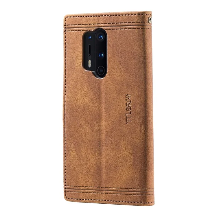 TTUDRCH 004 for OnePlus 8 Pro Splicing Design Skin-touch Feeling Phone Wallet Stand Case RFID Blocking PU Leather Protective Cover - Brown