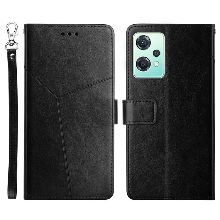 Bolsa de Caja de Telefonía Móvil de Cuero HT01 PU Para Realme 9 Pro/V25/OnePlus Nord ce 2 Lite 5G, Líneas en y Enriquecimientos Impresión de la Billetera Cubierta Del Teléfono - Negro