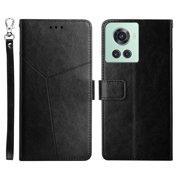 HT01 For OnePlus 10R/Ace PU Leather Phone Shell Y-Shaped Lines Imprinting Wallet Stand Phone Cover - Black