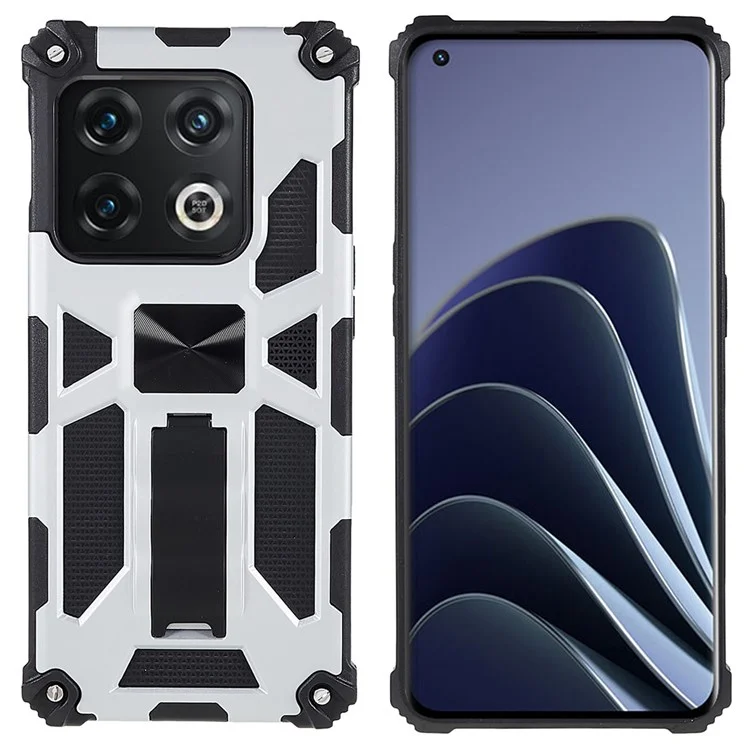 PC TPU Combo Armour Phone Case Para OnePlus 10 Pro, Proteção Double Proteção Antifra-fall Kickstand e Magnetic Metal Sheet Hybrid Telefone - Prata