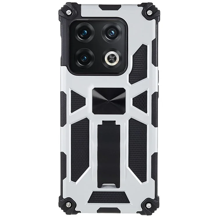 PC TPU Combo Armour Phone Case Para OnePlus 10 Pro, Proteção Double Proteção Antifra-fall Kickstand e Magnetic Metal Sheet Hybrid Telefone - Prata
