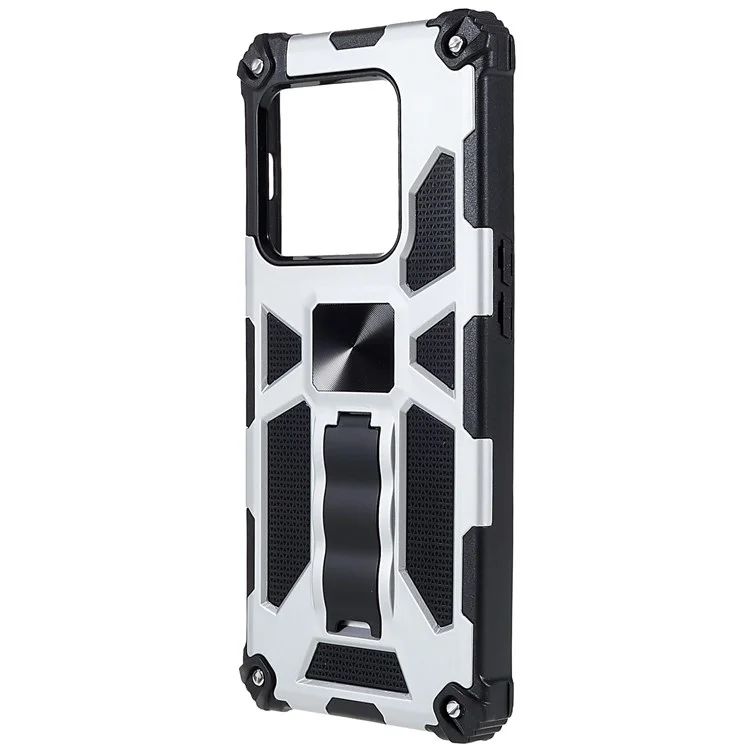 PC TPU Combo Armour Phone Case Para OnePlus 10 Pro, Proteção Double Proteção Antifra-fall Kickstand e Magnetic Metal Sheet Hybrid Telefone - Prata