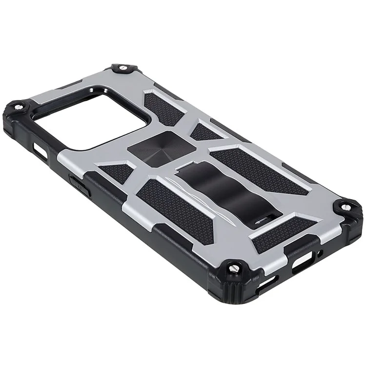 PC TPU Combo Armour Phone Case Para OnePlus 10 Pro, Proteção Double Proteção Antifra-fall Kickstand e Magnetic Metal Sheet Hybrid Telefone - Prata