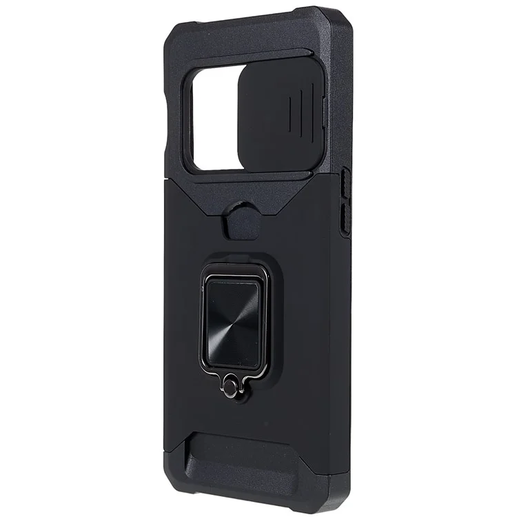 Per OnePlus 10 Pro Custodia antiurto in PC + TPU con slider della fotocamera, slot per schede e supporto in metallo - Nero