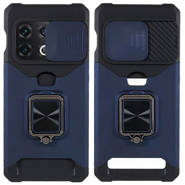 Para OnePlus 10 Pro Carcasa con resistencia al desgaste de PC + TPU, ranura para tarjeta antidesvanecimiento + diseño de soporte metálico - Azul marino