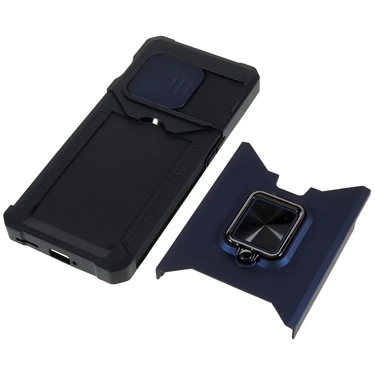Para OnePlus 10 Pro Carcasa con resistencia al desgaste de PC + TPU, ranura para tarjeta antidesvanecimiento + diseño de soporte metálico - Azul marino