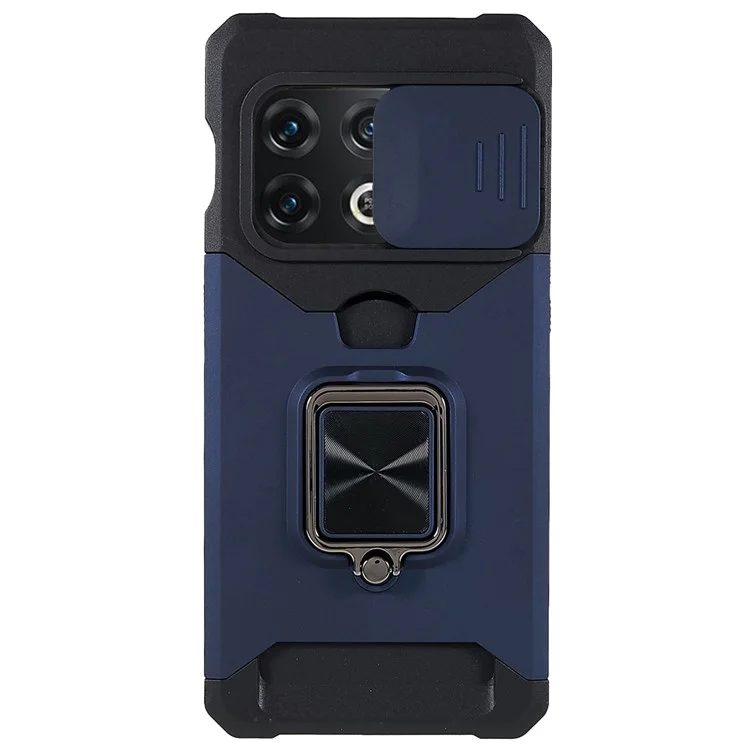 Para OnePlus 10 Pro Carcasa con resistencia al desgaste de PC + TPU, ranura para tarjeta antidesvanecimiento + diseño de soporte metálico - Azul marino