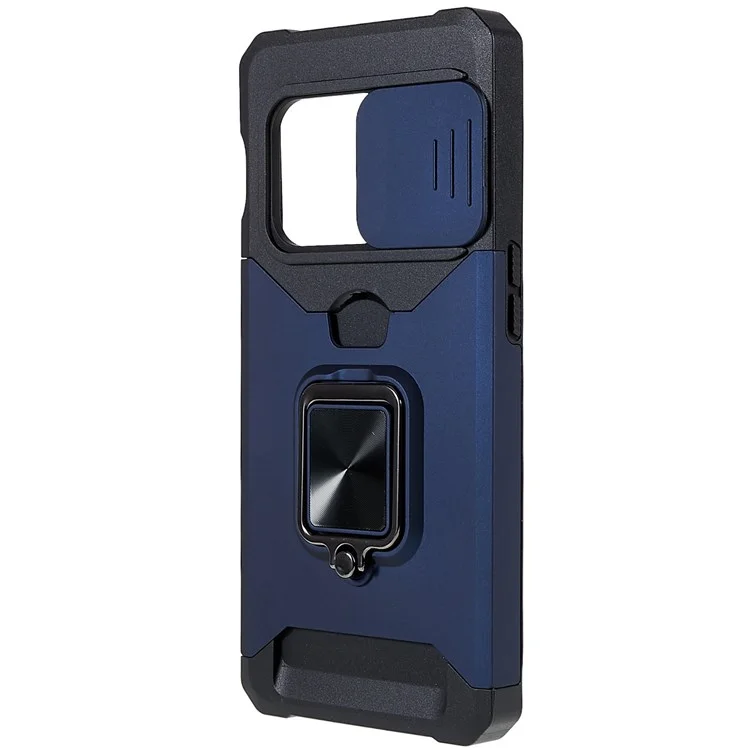 Para OnePlus 10 Pro Carcasa con resistencia al desgaste de PC + TPU, ranura para tarjeta antidesvanecimiento + diseño de soporte metálico - Azul marino