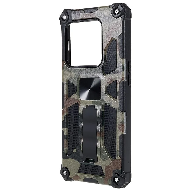 Per OnePlus 10 Pro Camouflage Design Military Grade Protective Cover Hard PC TPU Enhanced Side Phone Case with Kickstand - Army Green