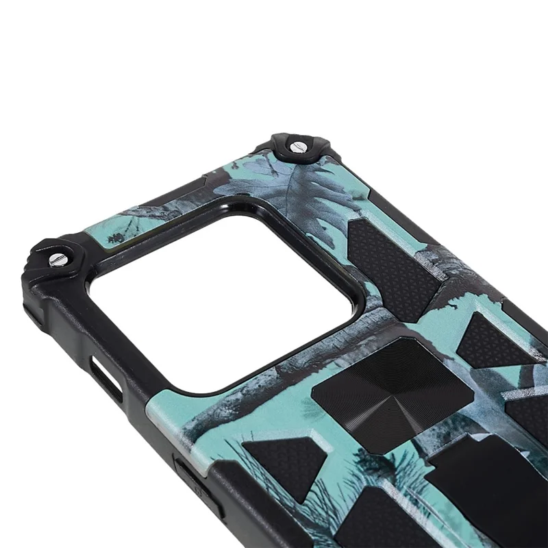 Für OnePlus 10 Pro Camouflage Design Military Grade Protective Cover Hard PC TPU Enhanced Side Phone Case Mit Kickstand - Hellgrün
