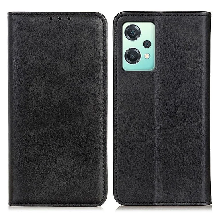 For OnePlus Nord CE 2 Lite 5G Split Leather Flip Case Wallet Design Stand Strong Magnetic Suction Shockproof TPU Interior Protective Cover - Black