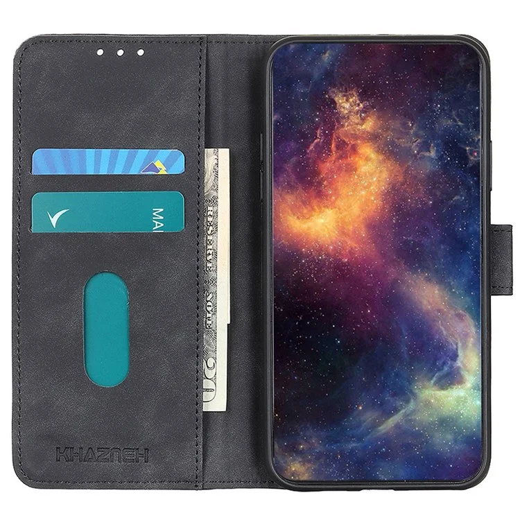 KHAZNEH For OnePlus Nord CE 2 Lite 5G Fall Prevention Wallet Case Vintage Textured PU Leather Phone Shell Magnetic Clasp Protective Cover with Stand - Black