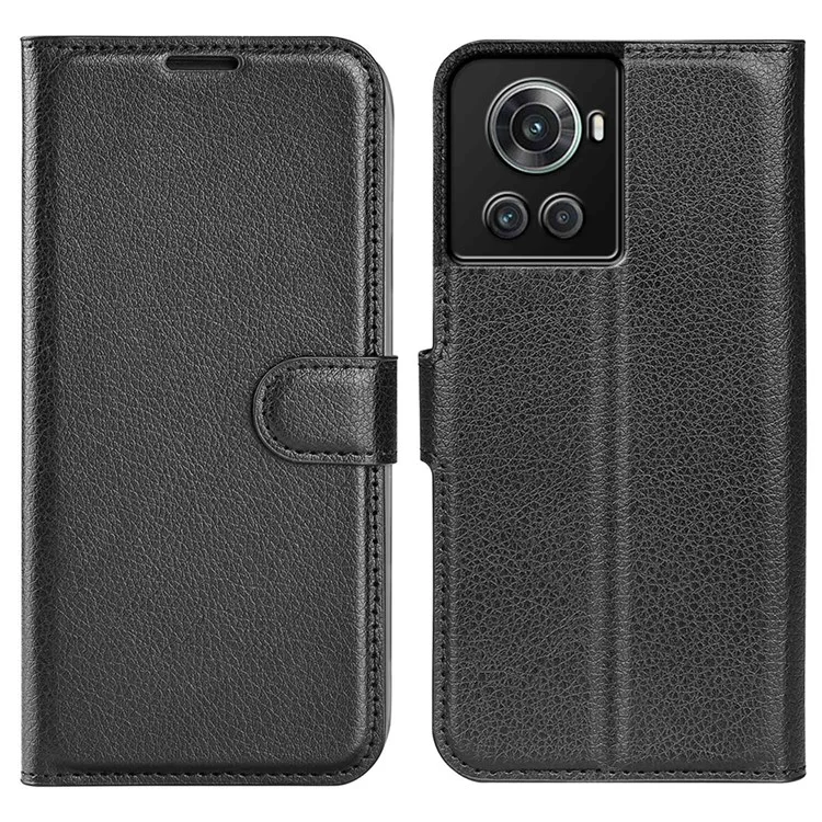 For OnePlus Ace 5G/10R 5G Folio Flip Litchi Skin Leather Case Shockproof Phone Cover with Card Slots Adjustable Folding Stand Design Wallet Phone Cover Accessory - Black