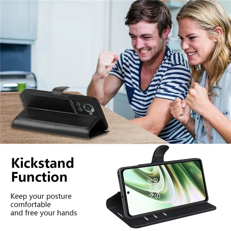 For OnePlus Ace 5G/10R 5G Folio Flip Litchi Skin Leather Case Shockproof Phone Cover with Card Slots Adjustable Folding Stand Design Wallet Phone Cover Accessory - Black