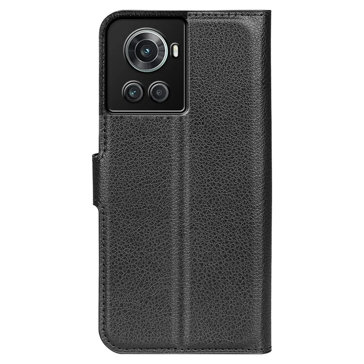 For OnePlus Ace 5G/10R 5G Folio Flip Litchi Skin Leather Case Shockproof Phone Cover with Card Slots Adjustable Folding Stand Design Wallet Phone Cover Accessory - Black