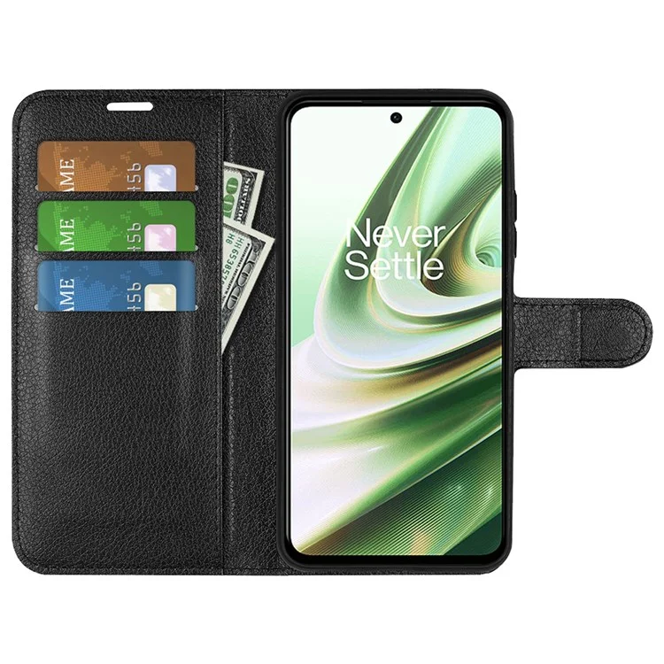 For OnePlus Ace 5G/10R 5G Folio Flip Litchi Skin Leather Case Shockproof Phone Cover with Card Slots Adjustable Folding Stand Design Wallet Phone Cover Accessory - Black