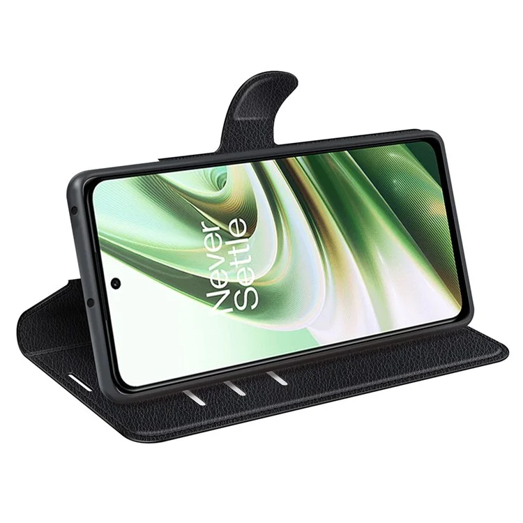 For OnePlus Ace 5G/10R 5G Folio Flip Litchi Skin Leather Case Shockproof Phone Cover with Card Slots Adjustable Folding Stand Design Wallet Phone Cover Accessory - Black