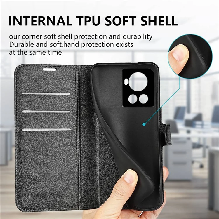 For OnePlus Ace 5G/10R 5G Folio Flip Litchi Skin Leather Case Shockproof Phone Cover with Card Slots Adjustable Folding Stand Design Wallet Phone Cover Accessory - Black